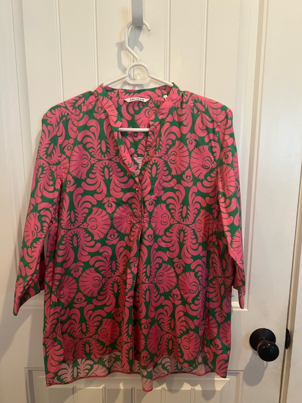 Caliban Pink and Green Printed V-Neck Tunic with side vents Women's Top